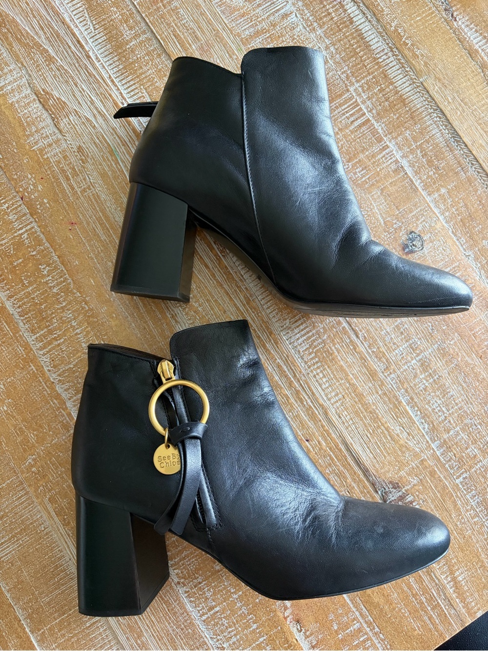See By Chloe Black Leather Ring Zip Ankle Boots Block Heel Size 39 EU 8.5